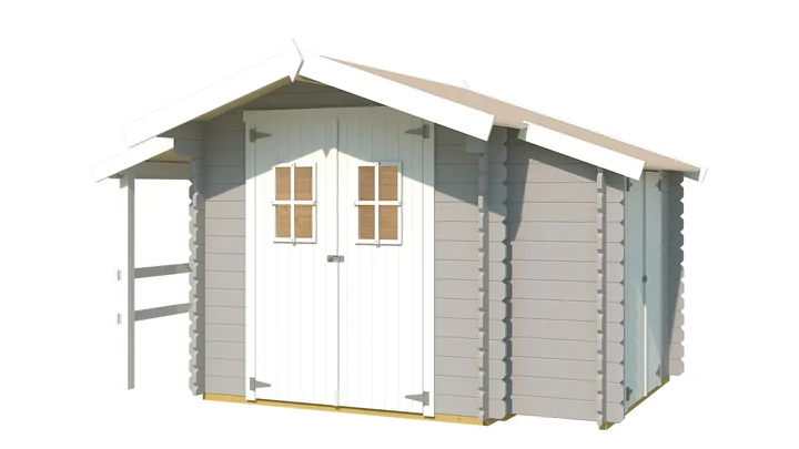 Gartenhaus Louis 3, 340x200, Doppeltür, Schleppdach, Anbauschuppen, grau/weiß
