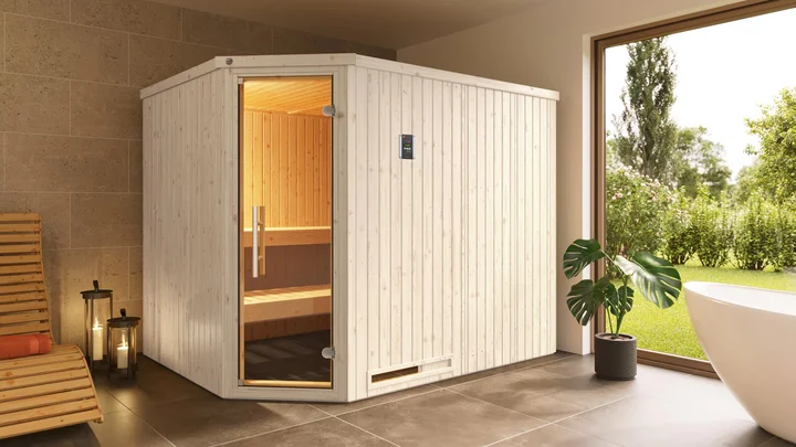 Elementsauna Varberg, 242x192, Glastür, Weiß