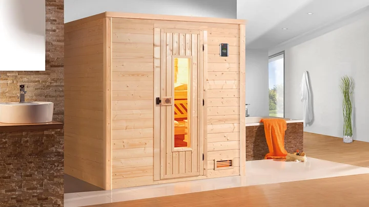 Massivholzsauna Bergen, 196x145, Holztür