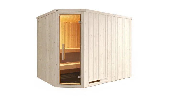 Elementsauna Varberg, 242x192, Eckeinstieg, Glastür, weiß
