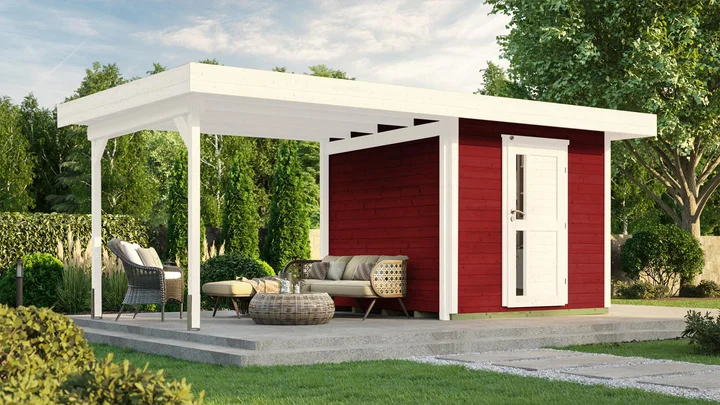 Gartenhaus Kingston 172, 530x241, Anbau2, Design-Einzeltür, schwedenrot