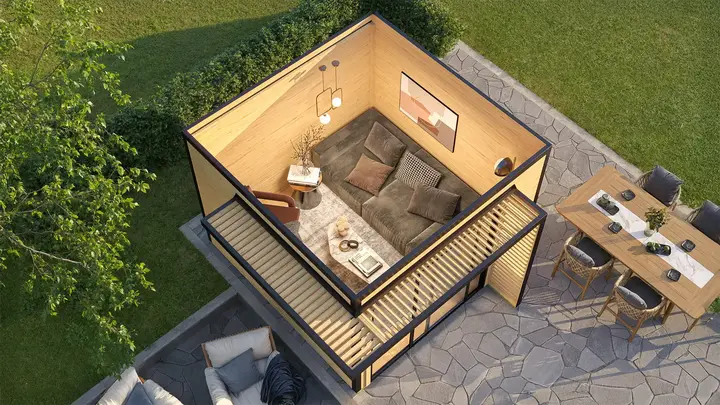 Gartenhaus Amberley, 300x300, Glasschiebetür, naturbelassen