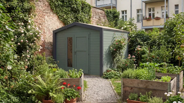 Gartenhaus Killarney, 300x300, Design-Doppeltür, grüngrau/anthrazit