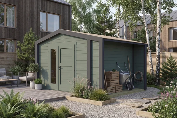 Gartenhaus Killarney, 350x300, Anbau, Design-Doppeltür, grüngrau/anthrazit