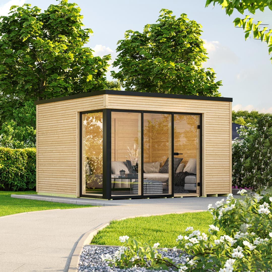 Elegantes Designhaus mit großzügiger Fensterfront und dunklen Aluminiumabschlussblenden im wekaLine Profil.