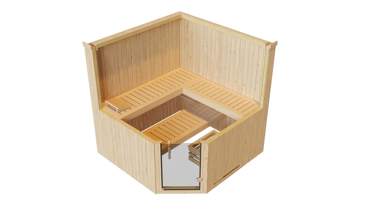 Elementsauna Varberg, 192x192, Eckeinstieg, Glastür, naturbelassen