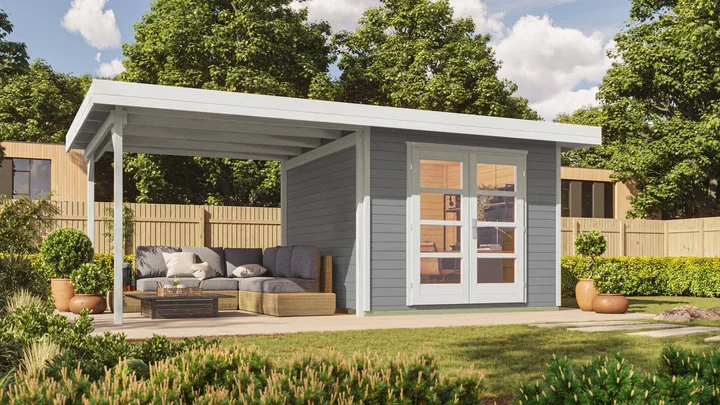 Gartenhaus Marlo 126, 590x241, Anbau2, Panoramatür, grau