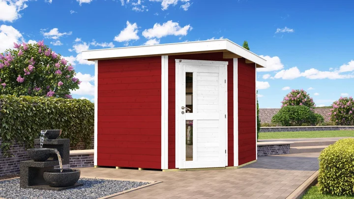 Gartenhaus Blackmount Angle 229, 239x235, Eckeinstieg, Design-Einzeltür, schwedenrot