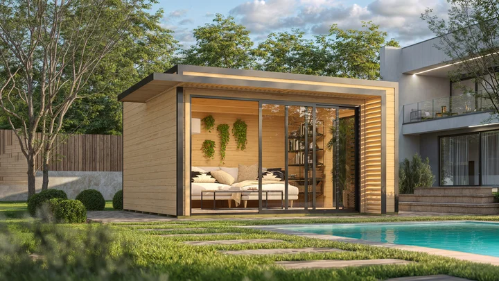Gartenhaus Amberley, 400x400, 2 Glasschiebetüren, naturbelassen