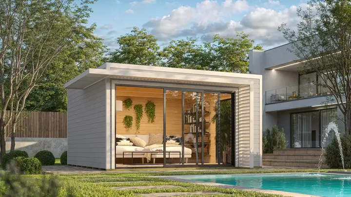 Gartenhaus Amberley, 400x400, grau/weiß