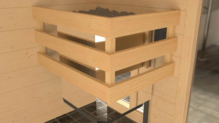 Massivholz-Elementsauna Kemi Eck, 188x140, Eckeinstieg, Glastür