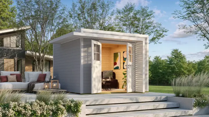 Gartenhaus Amberley, 300x300, Doppeltür, grau/weiß