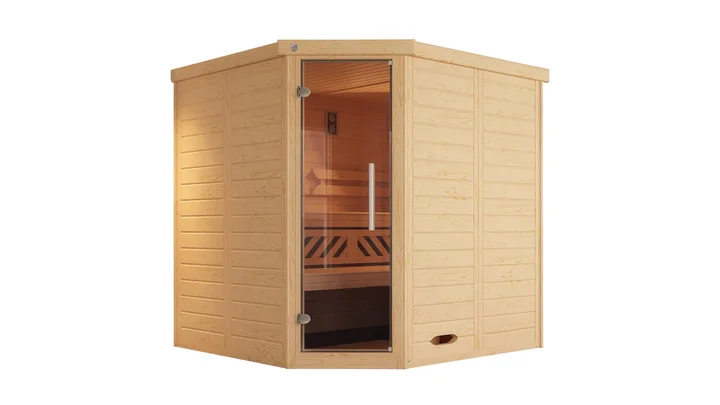 Massivholz-Elementsauna Kemi Eck, 188x188, Eckeinstieg, Glastür