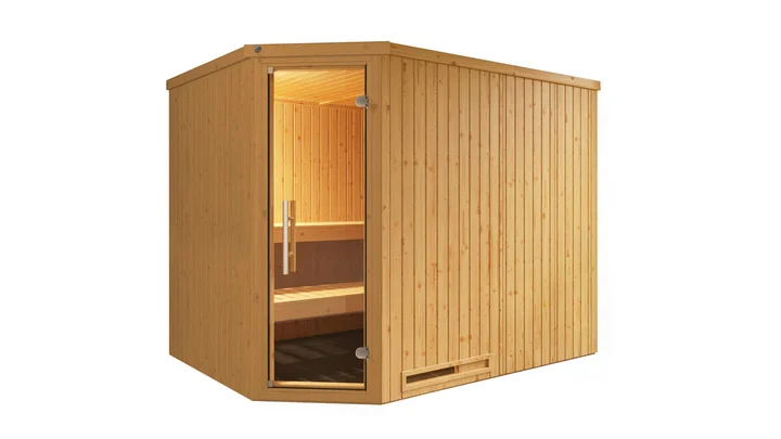 Elementsauna Varberg, 242x192, Eckeinstieg, Glastür, naturbelassen