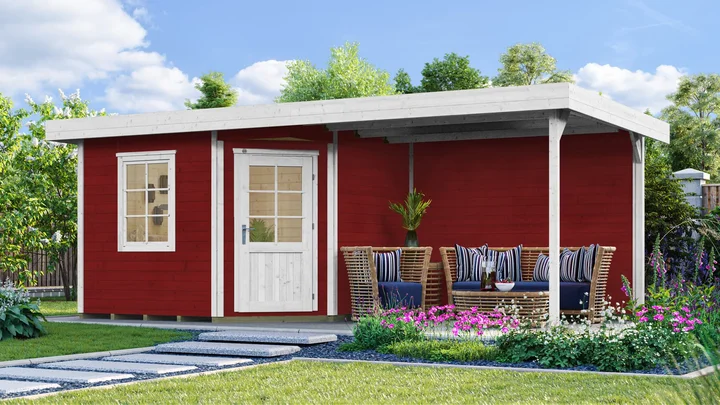Gartenhaus Winton 213, 601x298, Anbau2, Einzeltür, Fenster, schwedenrot