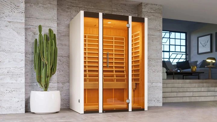Infrarotkabine Osby, 140x99, 2 Fensterelemente, Ganzglastür, weiß