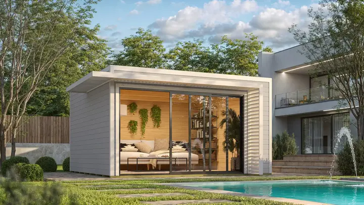 Gartenhaus Amberley, 400x400, Glasschiebetür, grau/weiß