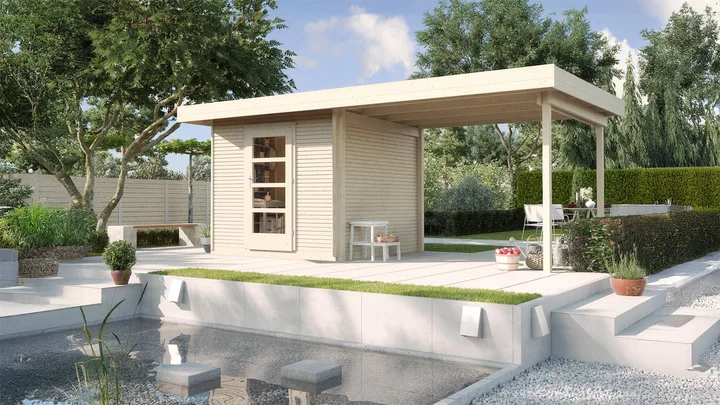 Gartenhaus Kingston wekaLine 172, 590x301, Anbau2, Panoramatür, naturbelassen