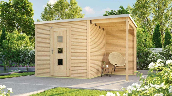 Gartenhaus Granby wekaLine 413, 400x250, Anbau1, Einzeltür, extrahoch, naturbelassen