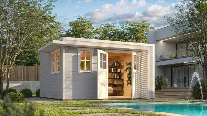 Gartenhaus Amberley grau 400x400, 400x400, grau/weiß