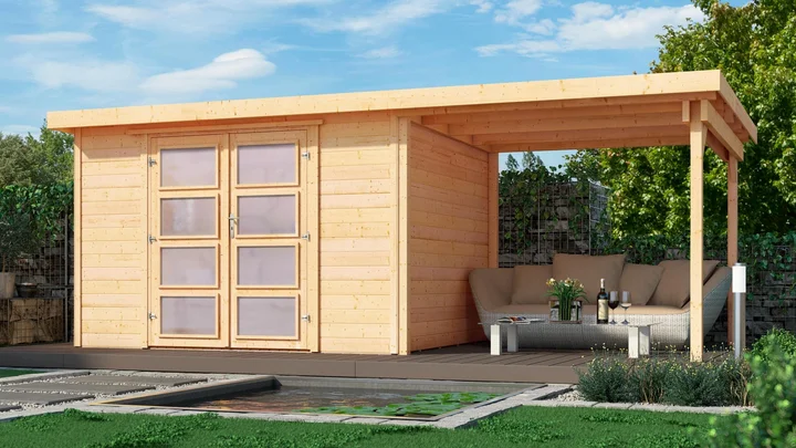 Gartenhaus Bunbury 321, 489x250, Doppeltür, Anbau2, naturbelassen