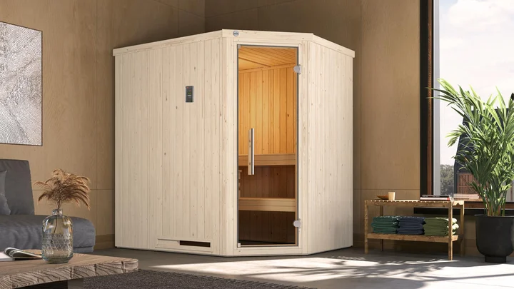 Elementsauna Varberg, 192x142, Eckeinstieg, Glastür, weiß