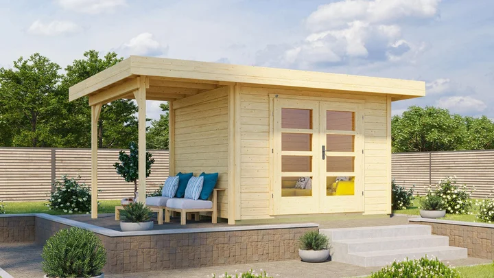 Gartenhaus Marlo 126, 442x301, Anbau1, Panoramatür, naturbelassen
