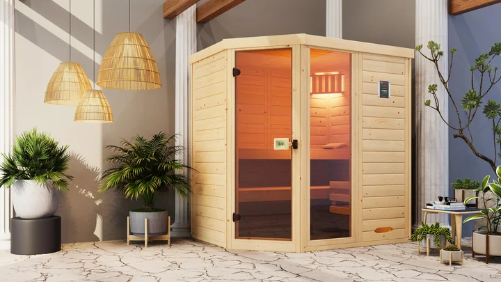 Massivholz-Elementsauna Laukkala, 187x188, Saunaleuchte, Fenster, Glastür
