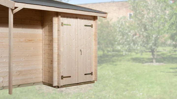 Anbauschrank, 62x300, Schleppdach, Doppeltür, naturbelassen