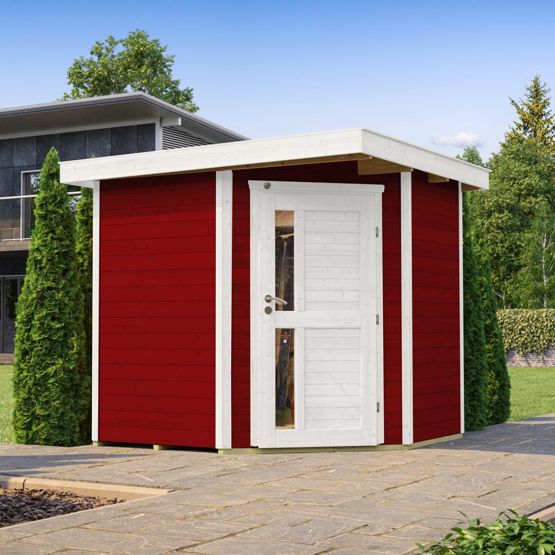 Platzsparendes Gartenhaus mit Flachdach und ausgefallener 5-Eck-Bauweise in Schwedenrot.