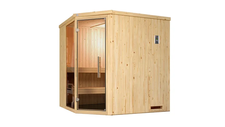 Elementsauna Varberg, 192x175, Fenster, Eckeinstieg, Glastür, naturbelassen