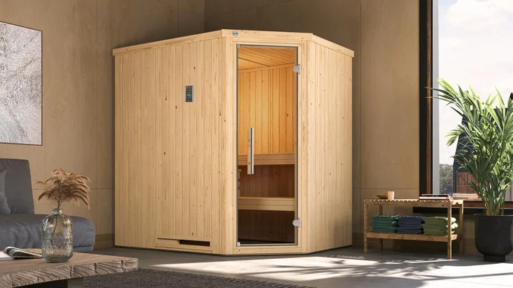 Elementsauna Varberg, 192x142, Eckeinstieg, Glastür, naturbelassen