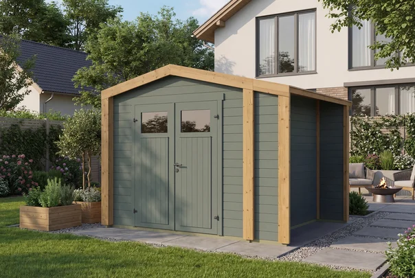 Gartenhaus Killarney, 300x250, Anbau, Doppeltür, grüngrau/Eiche hell