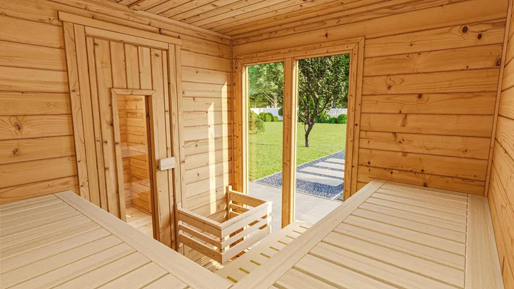 Saunahaus Farsund, 390x187, Glastür, Ruheraum, Fenster, naturbelassen