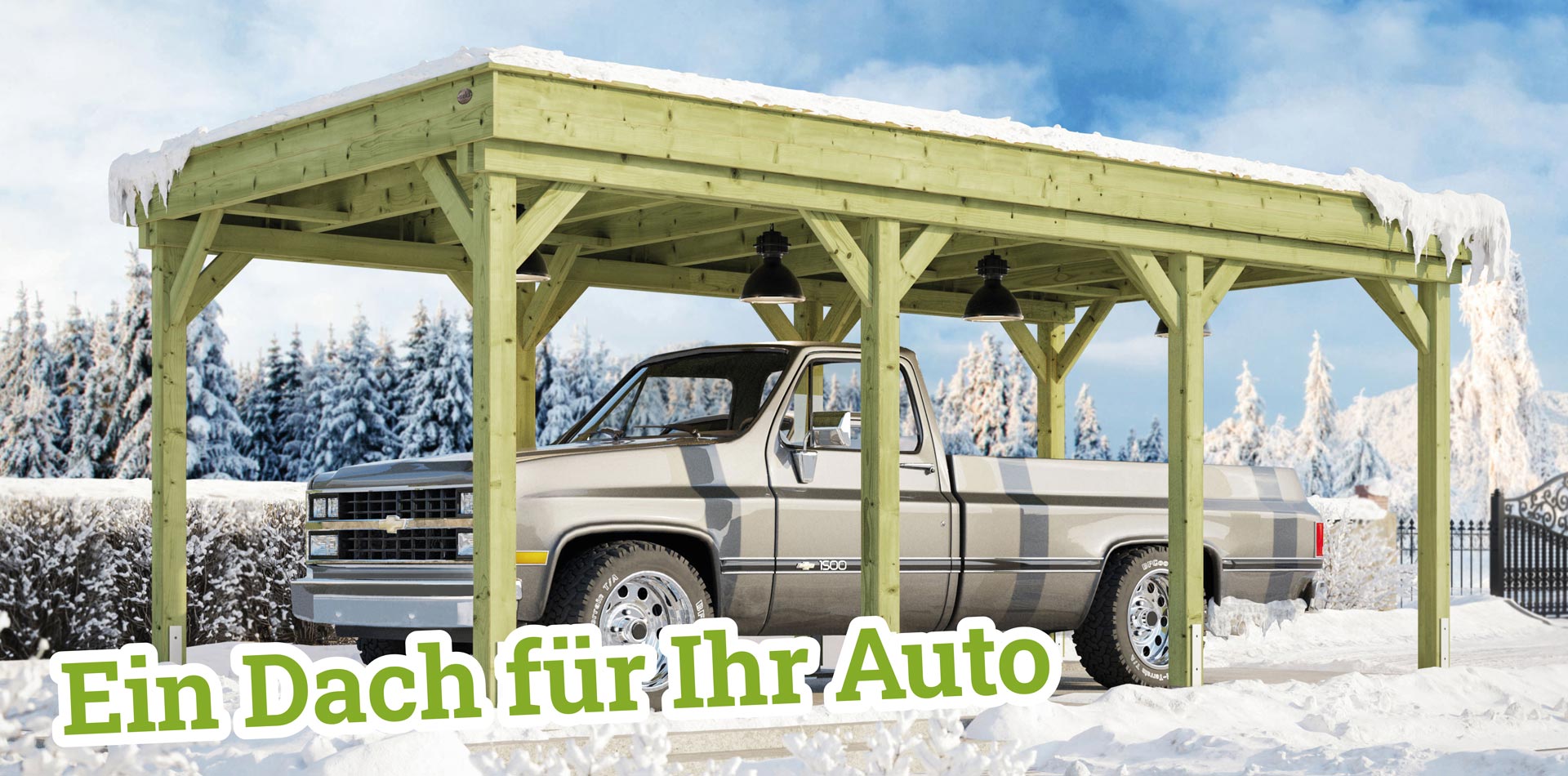 Ein Auto parkt unter einem Carport, der für eine extra hohe Schneelast geeignet ist, in verschneiter Winterlandschaft.