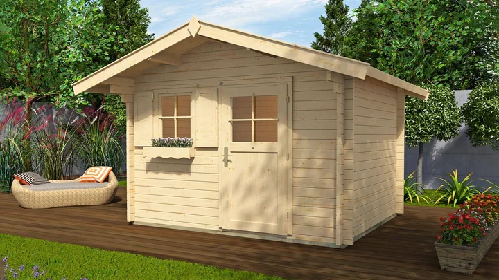 Gartenhaus Blumberg 131, 250x250, Vordach, Fenster, Einzeltür, naturbelassen