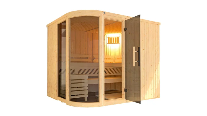 Elementsauna Sara, 242x194, 2 Fenster, Eckeinstieg, Glastür