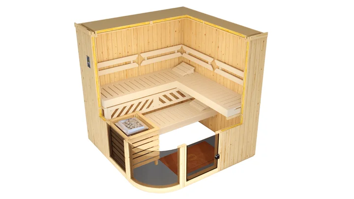 Elementsauna Sara, 192x192, 2 Fenster, Eckeinstieg, Glastür