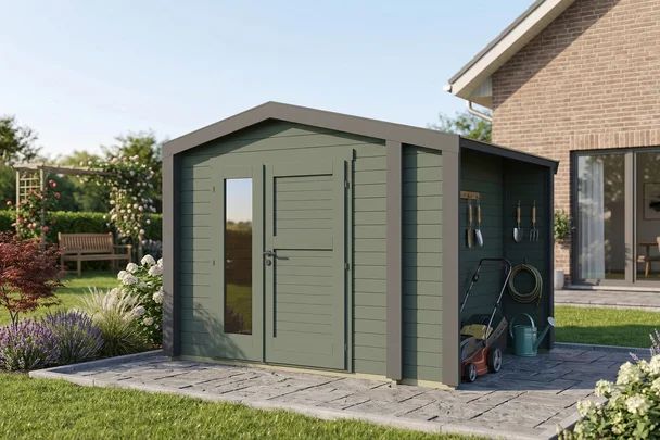 Gartenhaus Killarney, 300x250, Anbau, Design-Doppeltür, grüngrau/anthrazit