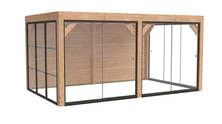 Gartenlaube Lumley, 499x307, 2 Wände, Glaselement, 3 Schiebetüren, naturbelassen