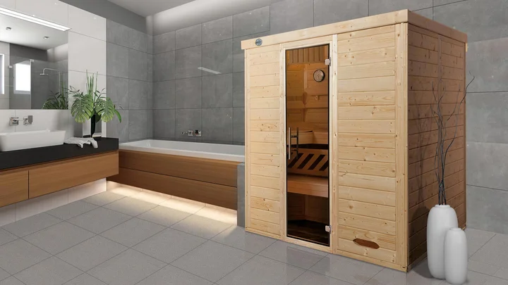 Massivholz-Elementsauna Kemi, 188x188, Glastür