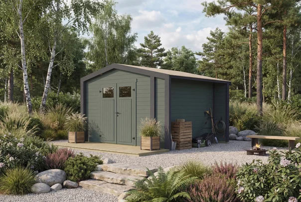 Gartenhaus Killarney, 350x300, Anbau, Doppeltür, grüngrau/anthrazit