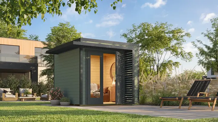 Gartenhaus Amberley, 250x250, Design-Doppeltür, grüngrau/anthrazit