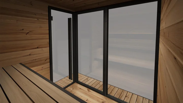 Saunahaus Viira 2, 229x229, Glastür, Fenster, Dachbahn, naturbelassen