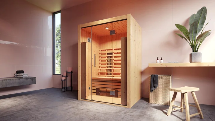 Infrarotkabine Hamina, 136,50x102,50, Ganzglastür, Halogenspot, naturbelassen