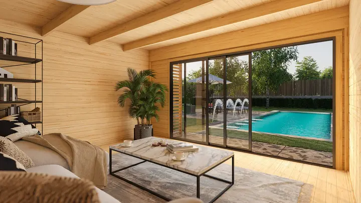 Gartenhaus Amberley, 400x400, Glasschiebetür, naturbelassen