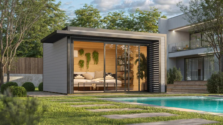 Gartenhaus Amberley, 400x400, 2 Glasschiebetüren, grau/anthrazit