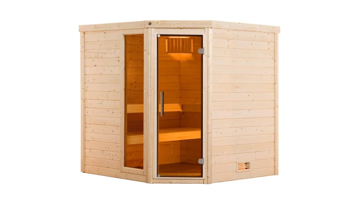 Massivholzsauna Turku, 195x195, Fenster, Eckeinstieg, Glastür