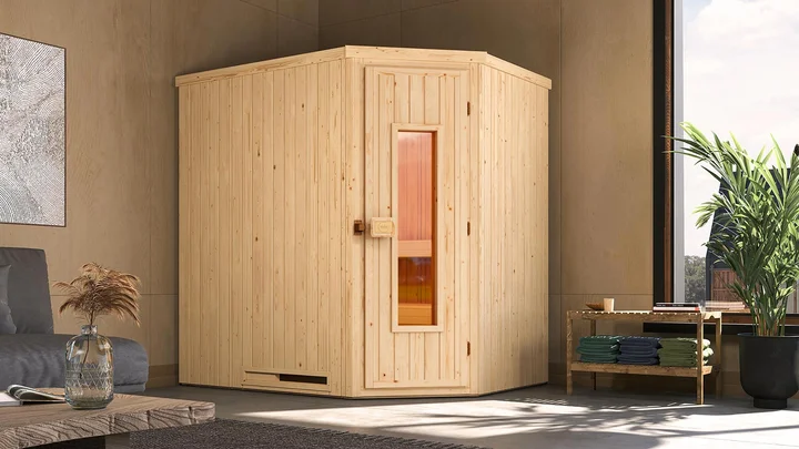 Elementsauna Varberg, 192x142, Eckeinstieg, Holztür, naturbelassen