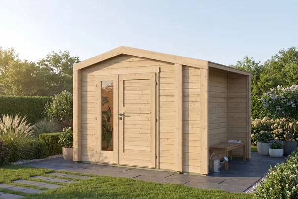 Gartenhaus Killarney, 300x250, Anbau, Design-Doppeltür, naturbelassen
